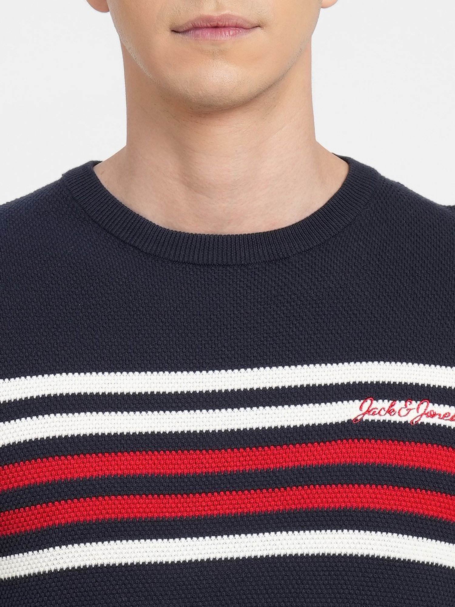 Jack & Jones Navy Blue Cotton Slim Fit Striped Sweater