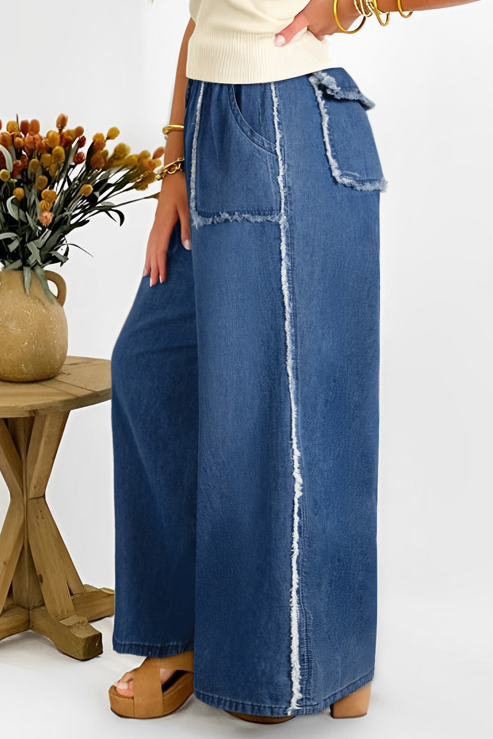 Dark Blue Plus Size Stitching Washed Flare Jeans