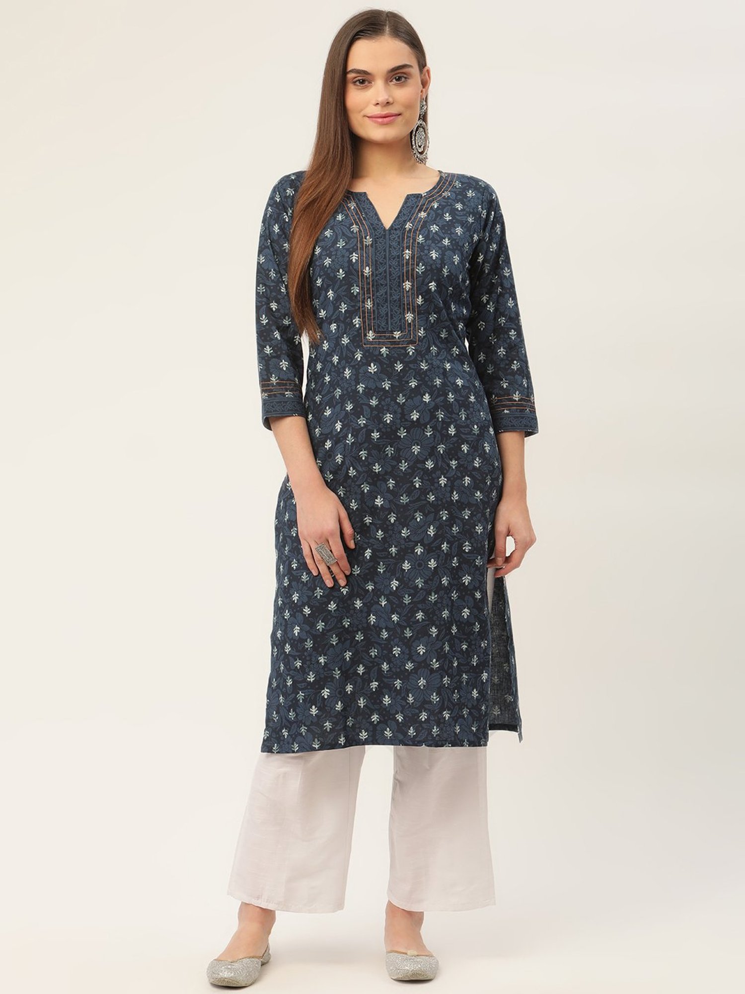 Jompers Blue Pure Cotton Floral Print Straight Kurta