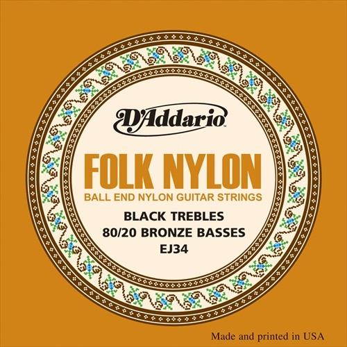 D'Addario EJ34 Folk Nylon, Ball End, Silver Wound/Black Nylon Trebles 1 Set