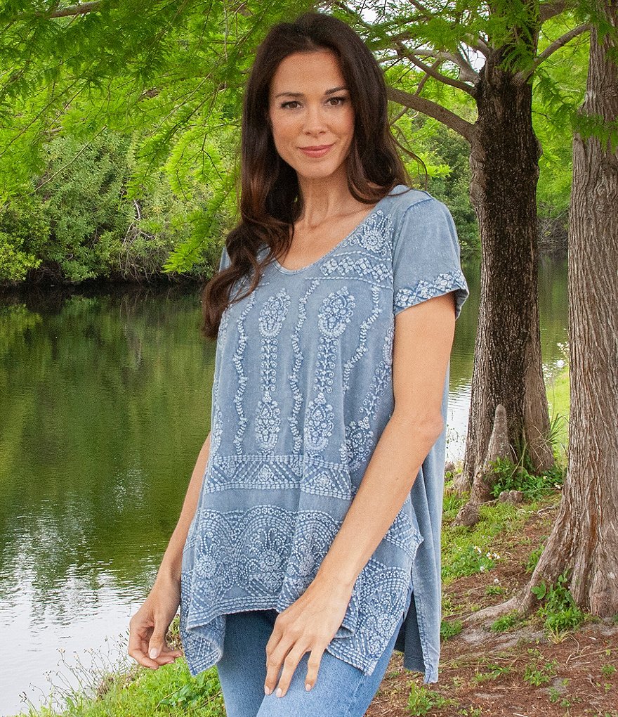 Karyn Seo Kiana Vintage Tonal Embroidered Cotton Scoop Neck Tunic Tee