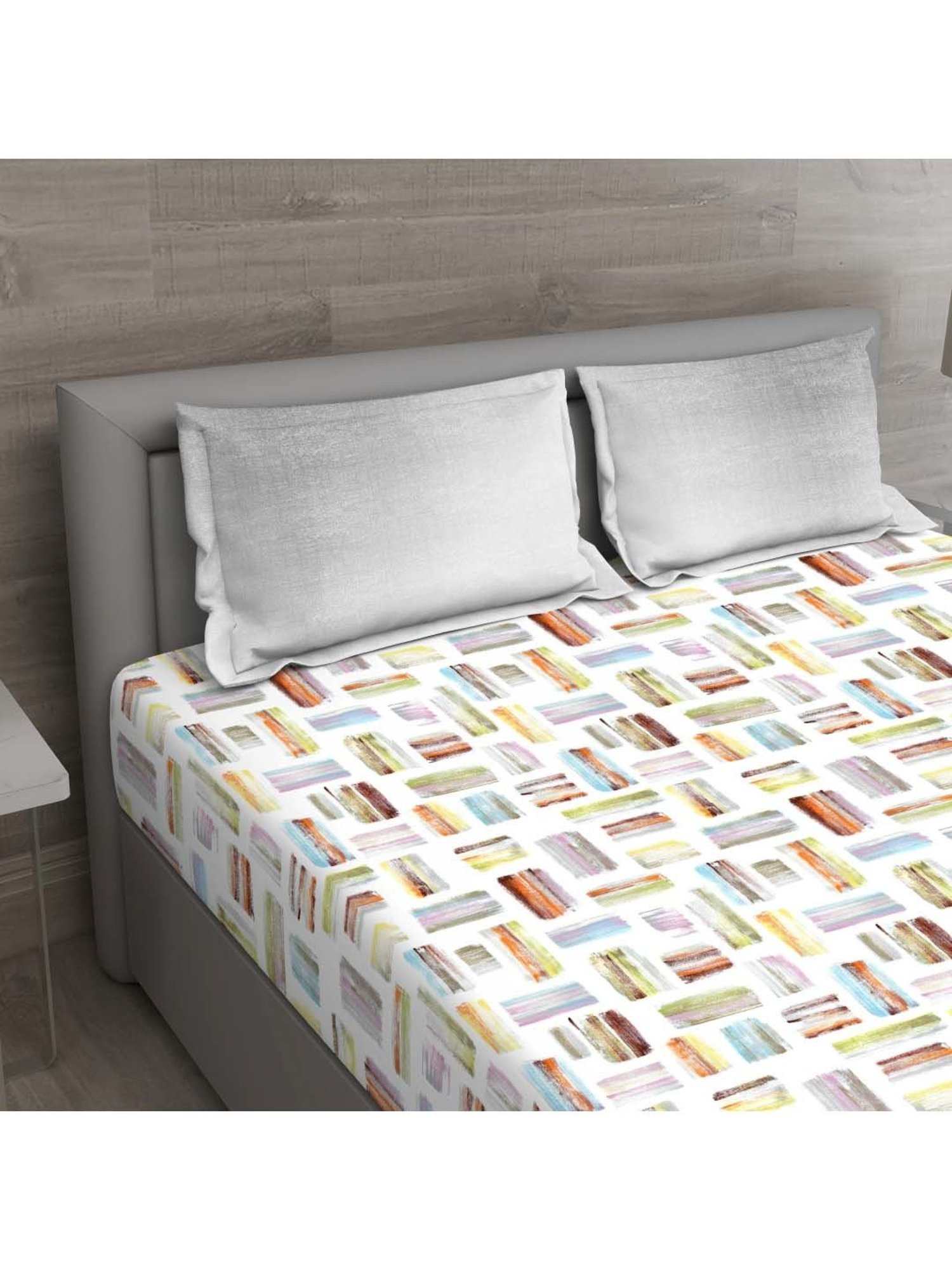 GM 'Regal' Grey & White Cotton 144 TC Double Bedsheet with 2 Pillow Covers