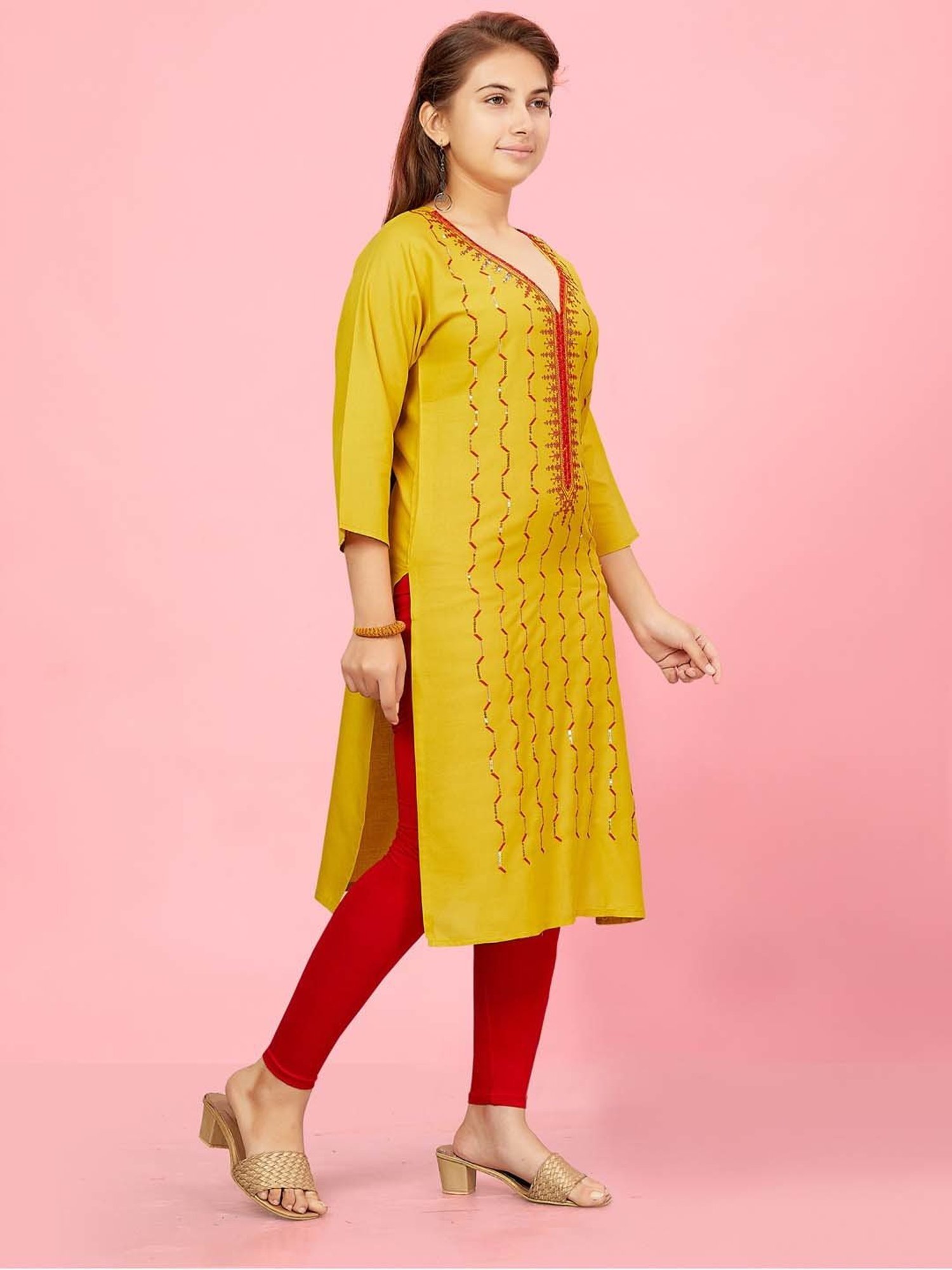 Aarika Kids Yellow & Red Cotton Embroidered Kurti Set