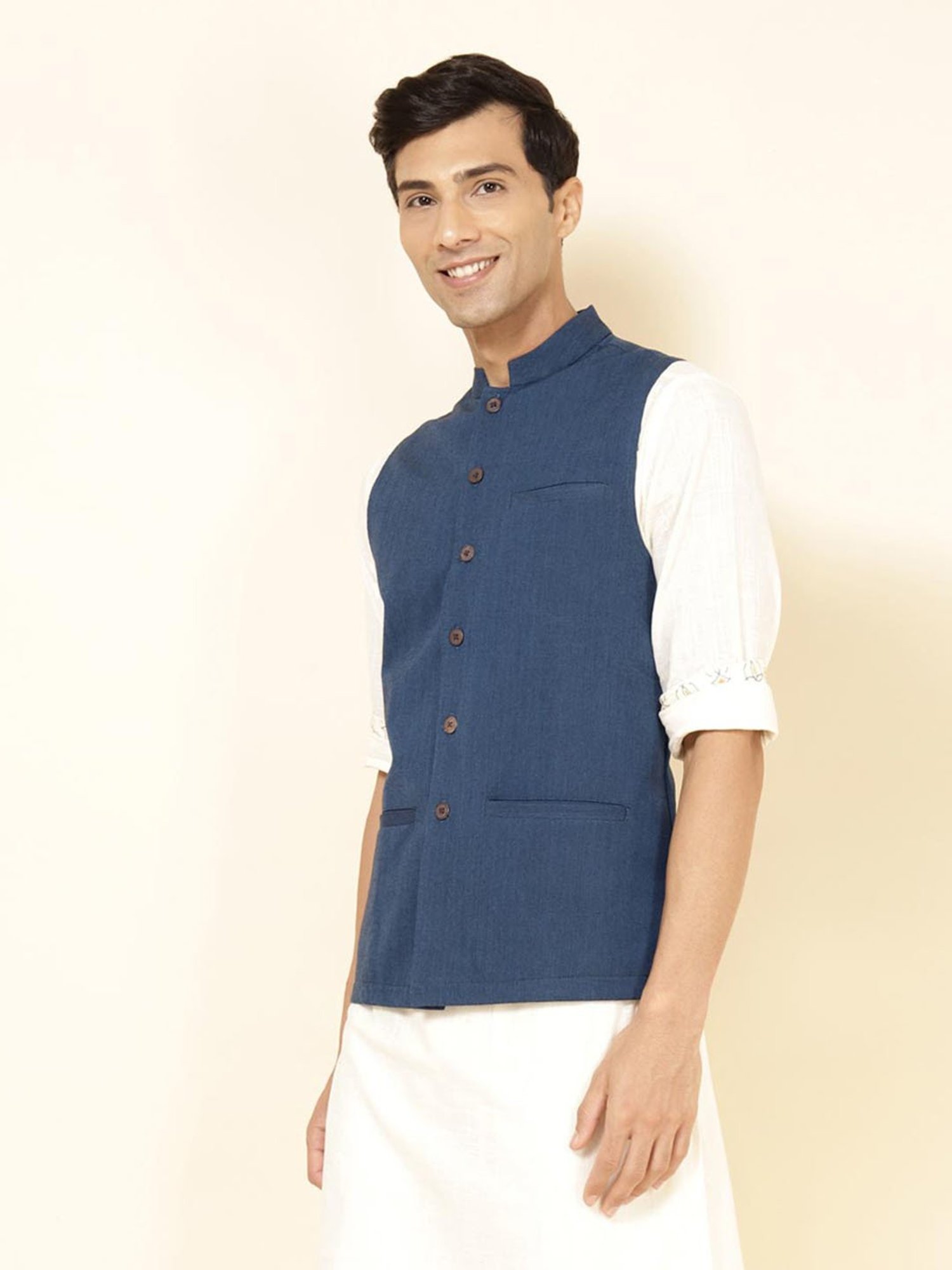 Fabindia Navy Regular Fit Nehru Jacket
