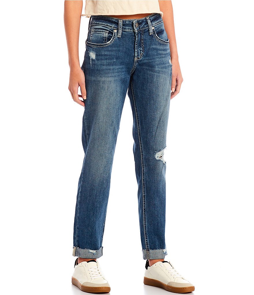 Silver Jeans Co. Mid Rise Raw Rolled Cuff Boyfriend Jeans