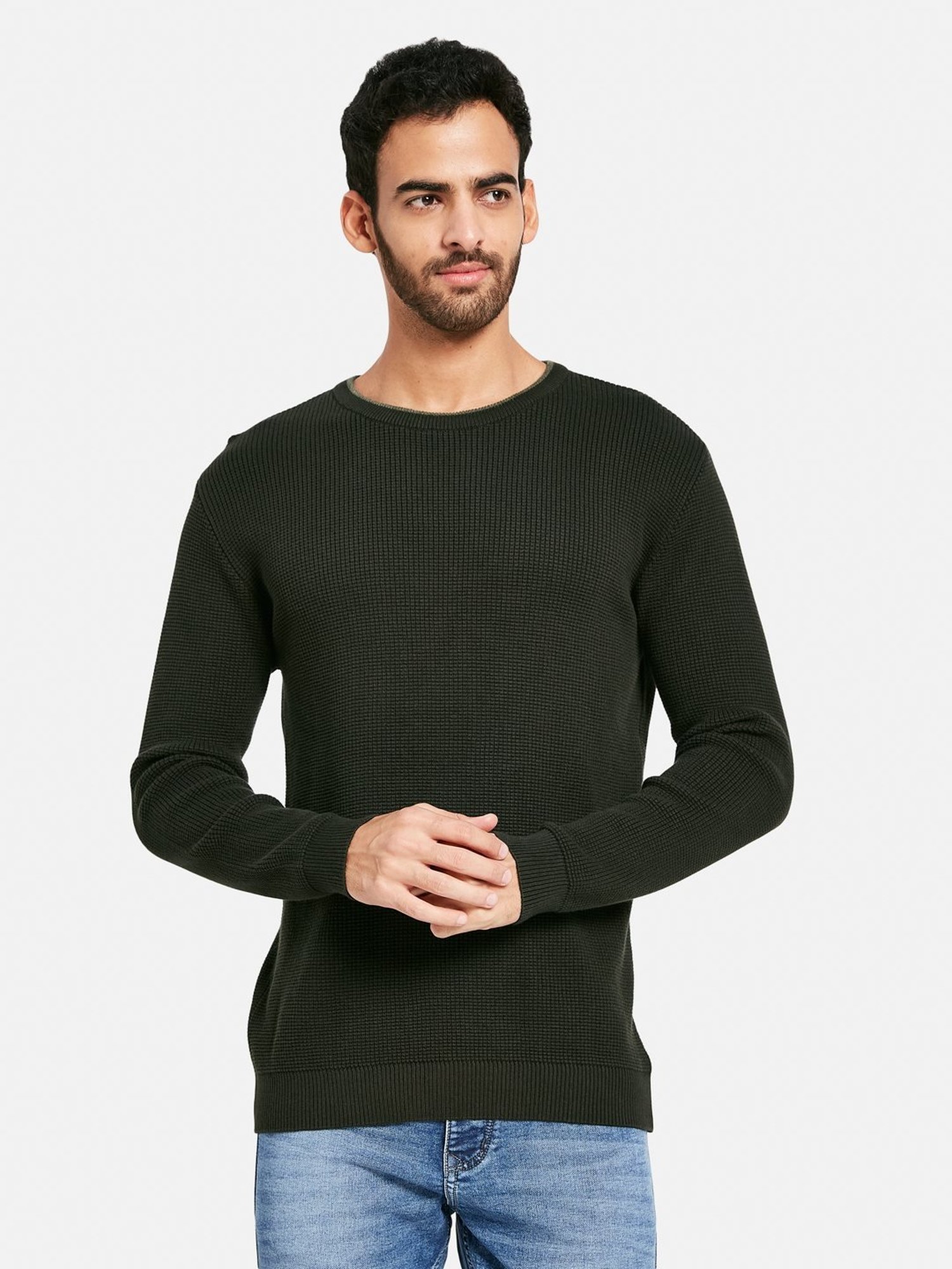 METTLE Olive Cotton Regular Fit Sweater