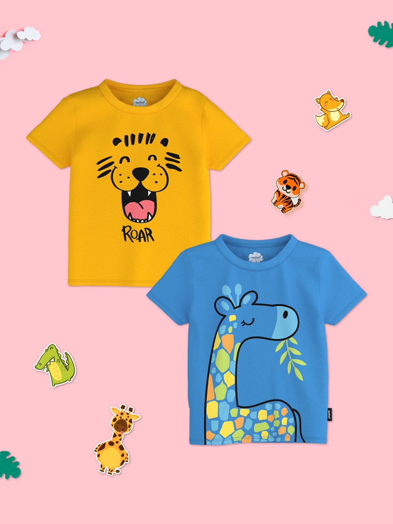 Nauti Nati Kids Yellow & Blue Printed T-Shirt (Pack Of 2)