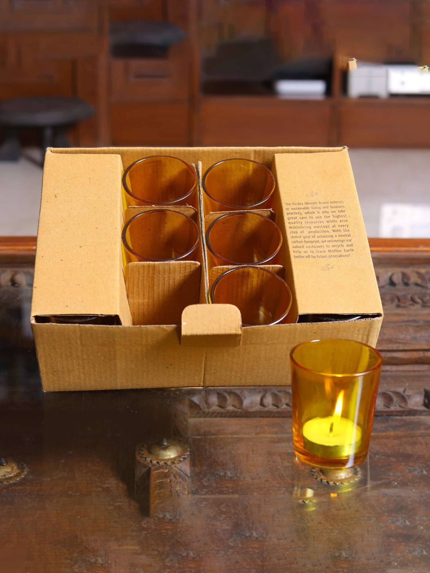 HOSLEY Yellow Glass Votive Tealight Candle Holder with Tealights - Set of 12