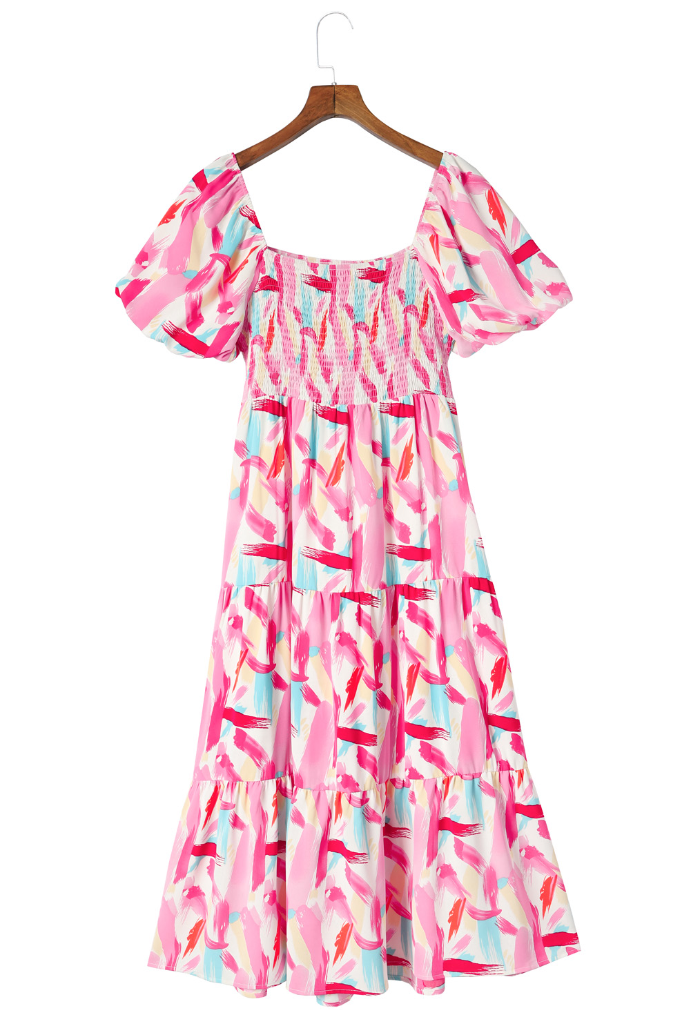 Pink Brush Stroke Printed Smocked Ruffle Tiered Dress
