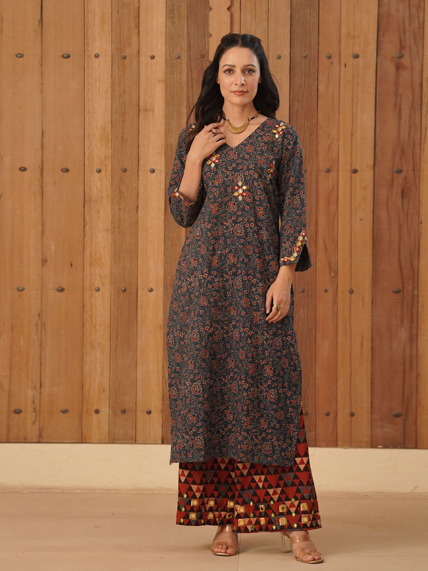 Love Chic Ajrakh Flare Kurta with side slits and 3/4th sleeves
