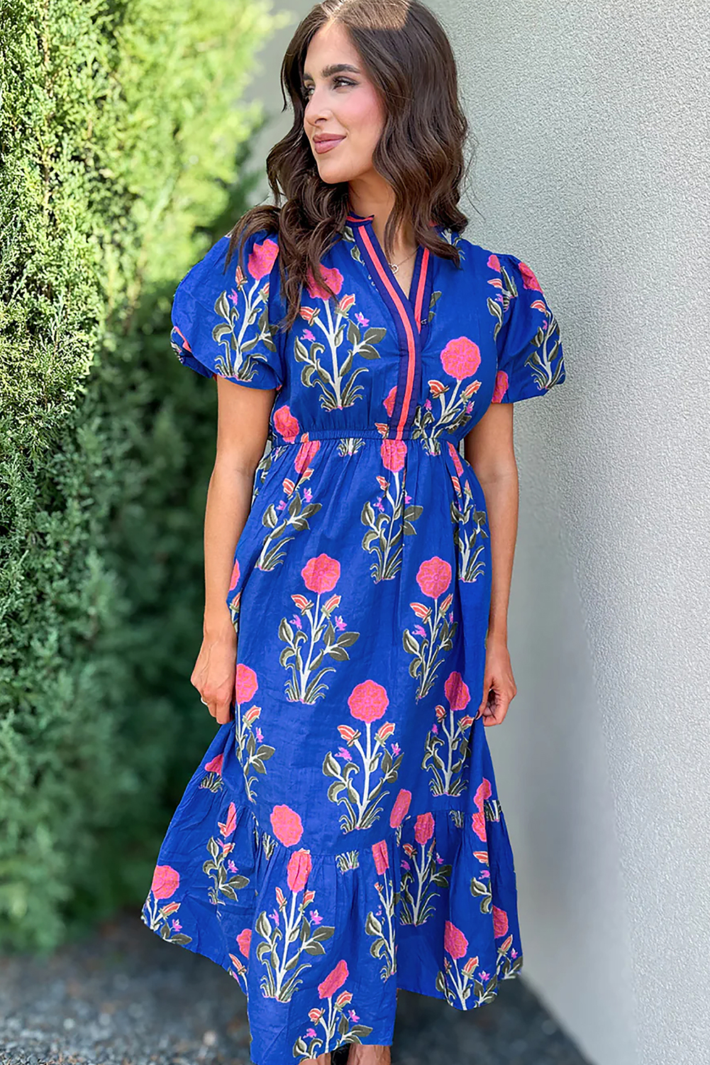 Multicolour Floral Print Split Neck Midi Dress