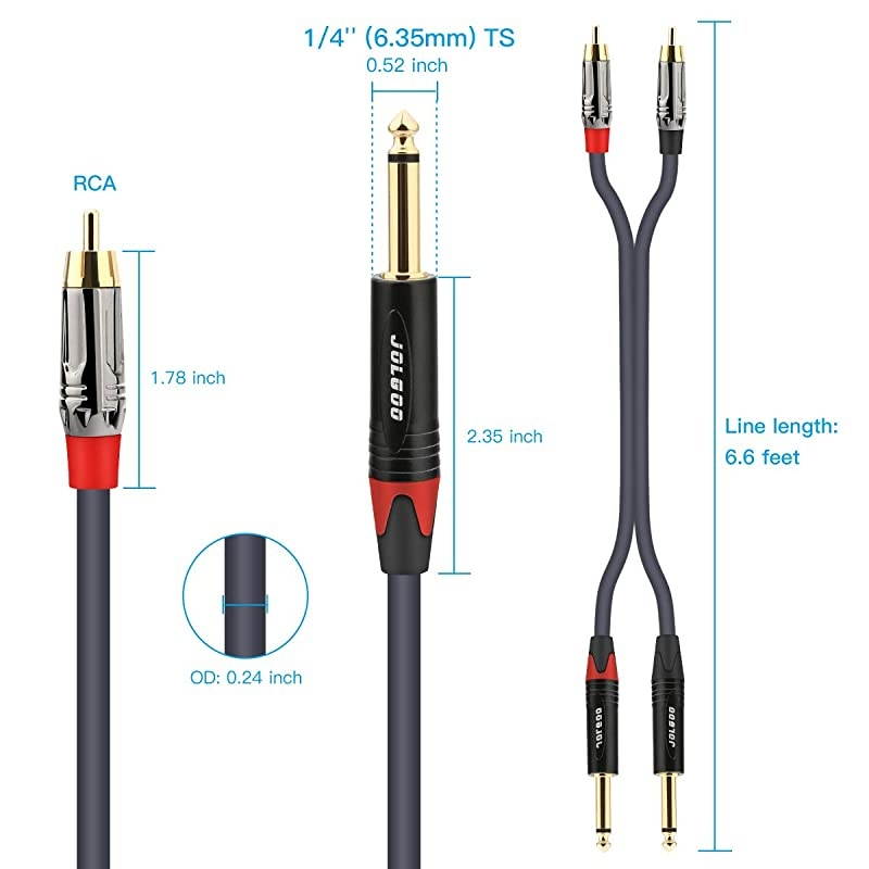 Dual 1/4" TS to Dual RCA Stereo Interconnect Cable, 2 x 6.35mm 1/4 Inch Male TS to 2 RCA Male Stereo Audio Adapter Cable, 6.6 Feet
