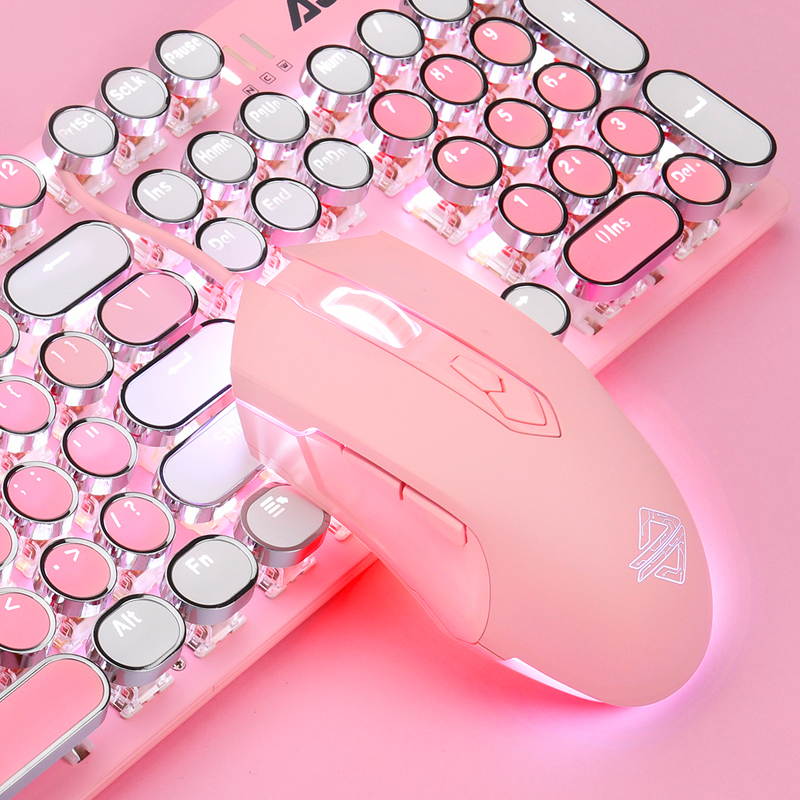 A-jazz Ergonomic Design,Cool Exterior USB Wired N-key Rollover Blue Switch Mechanical Gaming Keyboard And 2400DPI Mouse Combo For Office And Game - WhitePinkVersion
