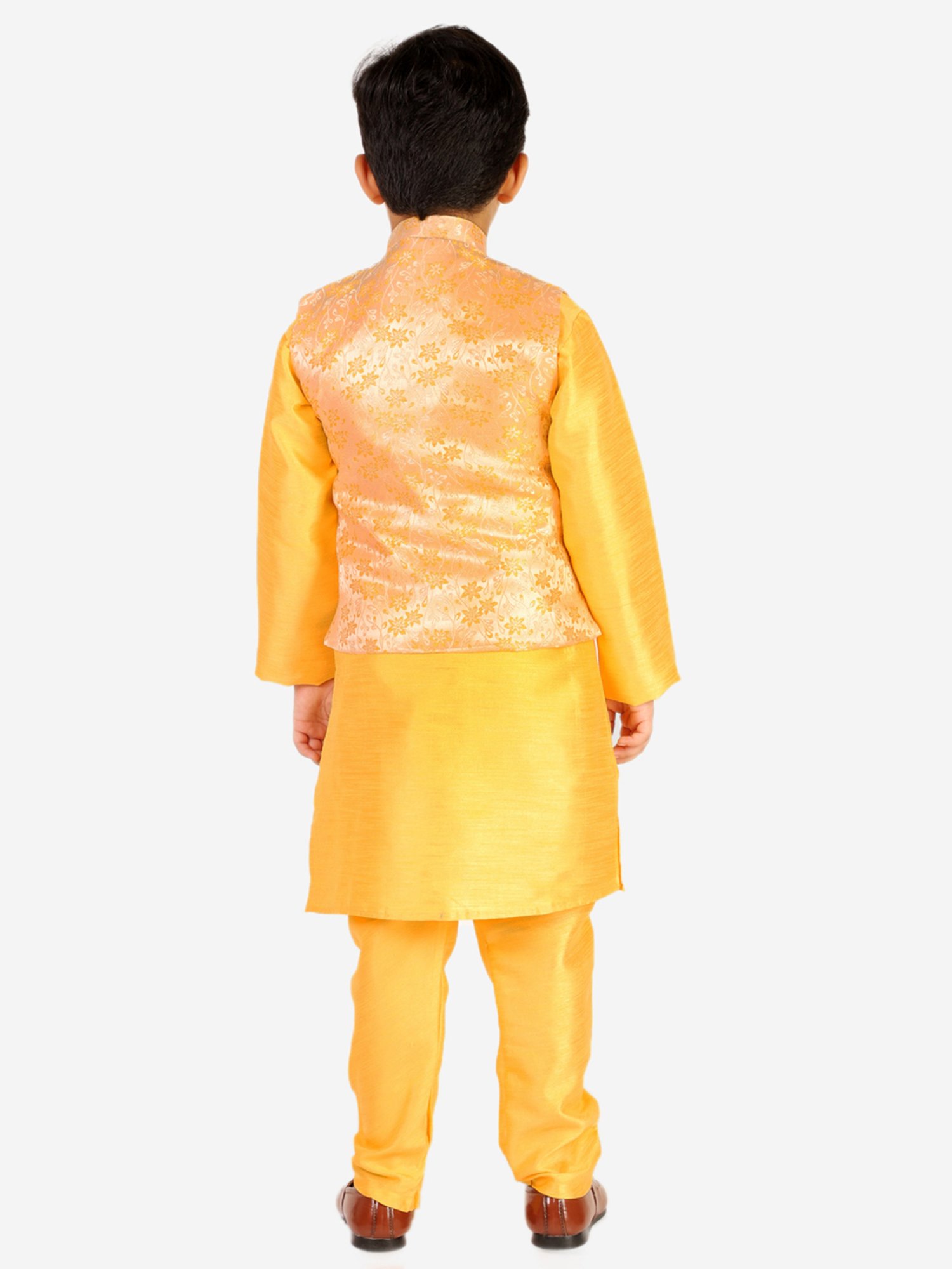 Pro-Ethic Style Developer Kids Yellow & Gold Floral Print Full Sleeves Kurta, Pyjamas with Waistcoat