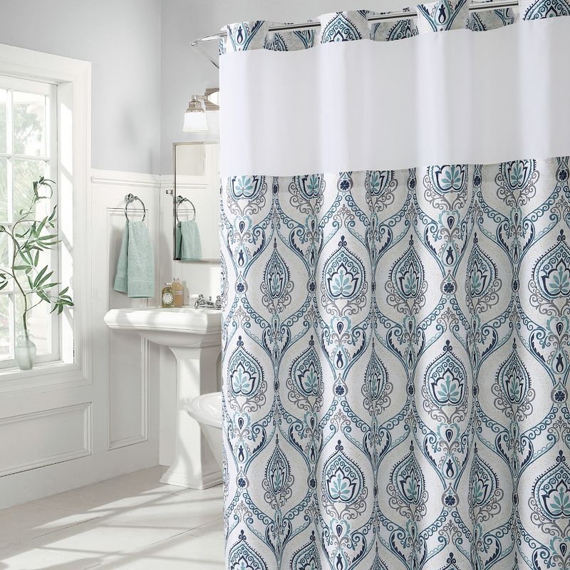 French Damask Shower Curtain with Liner Aqua - Hookless