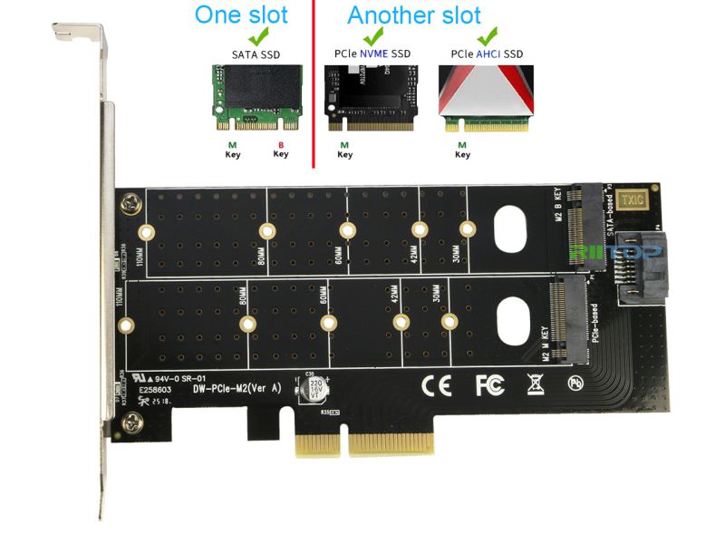 M.2 NGFF to Desktop PCIe x4 x8 x16 Adapter Card, RIITOP NVMe SATA Dual SSD PCI Express Adapter Card Support 110mm, 80mm, 60mm, 42mm, 30mm SSD