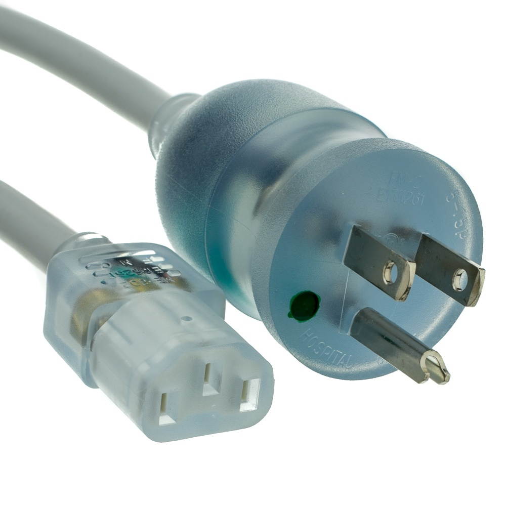 Hospital Grade, Green Dot, Power Cord, Nema 5-15 to C13, 14 AWG, SJT, 15 Amp / 125 Volt, 15 Foot