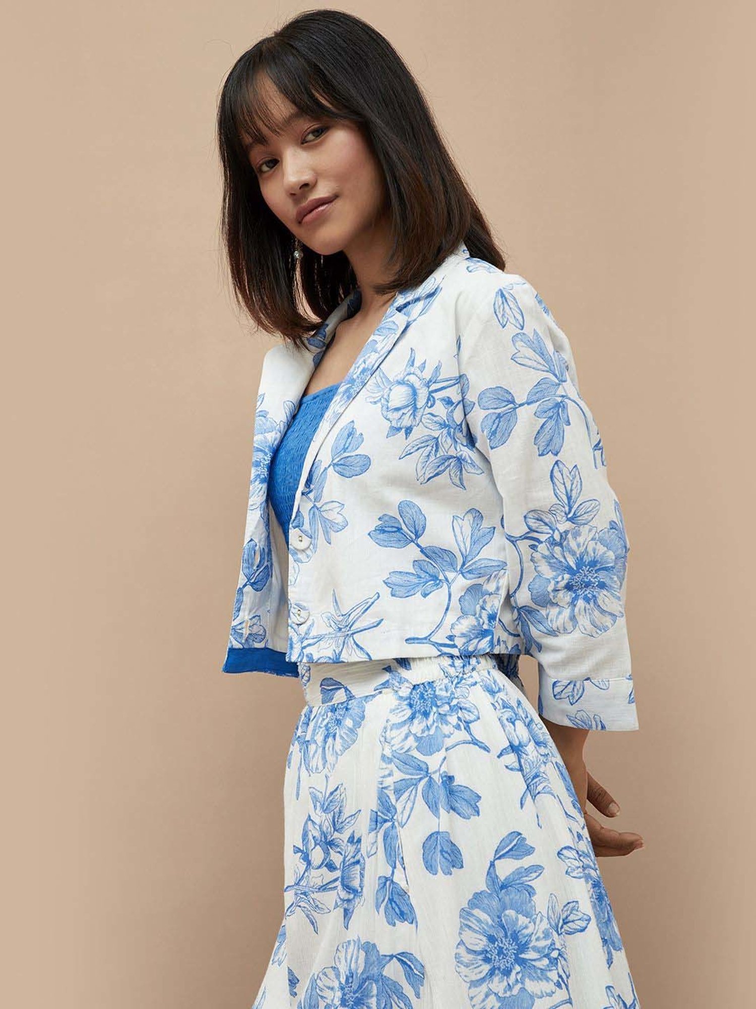 Colour Me by Melange Blue & White Cotton Printed Crop Top & Skirt Set With Jacket