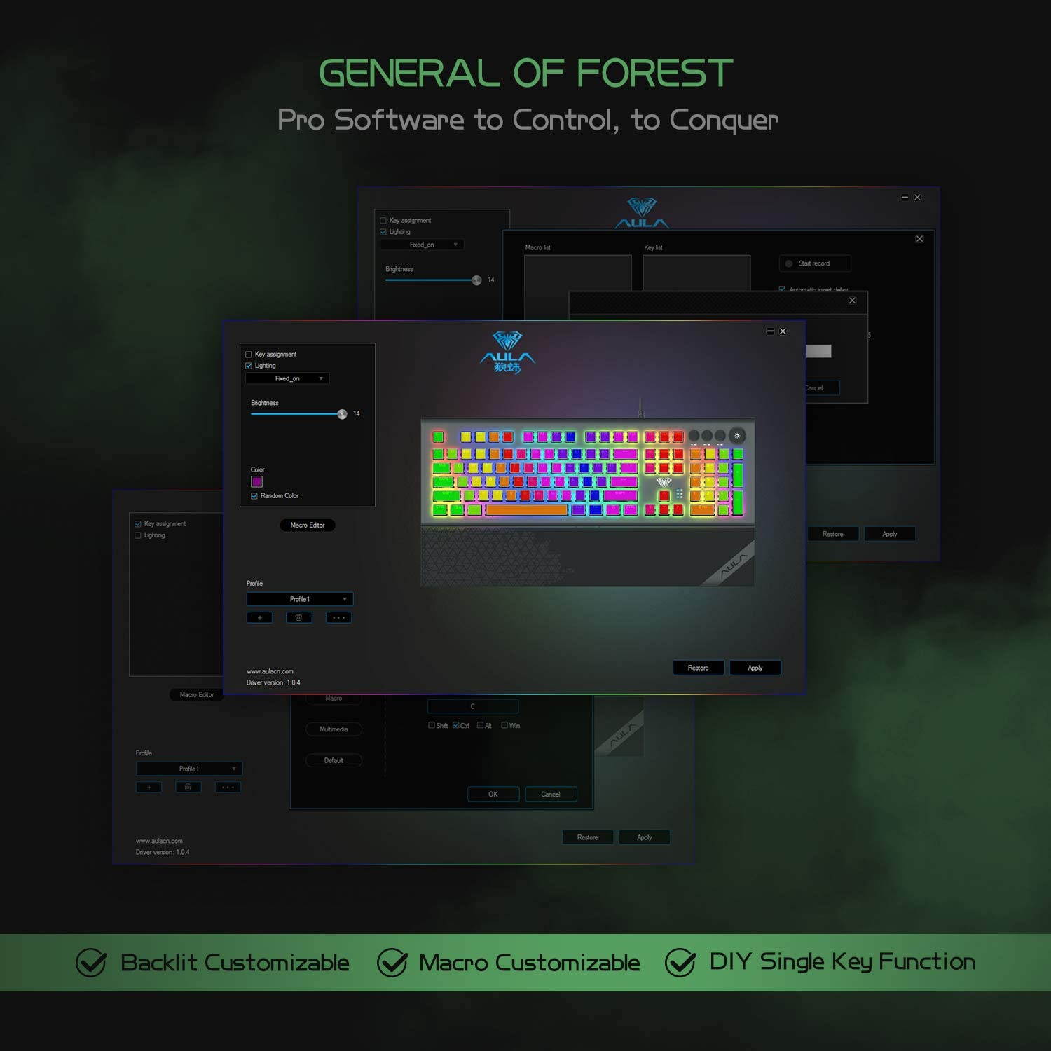 AULA L2098 RGB Mechanical Gaming Keyboard, 104 Floating-Keys Keyboard with Tactile Crystal Switches, Silver Metal Board, Magnetic Light Bar Wrist Rest Plus 4 Backlit/Media Control Knob Buttons