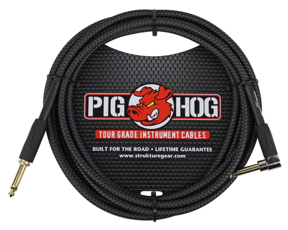 Pig Hog Instrument Cable Black Woven 1/4" to 1/4" Right Angle 10 ft. Black Woven