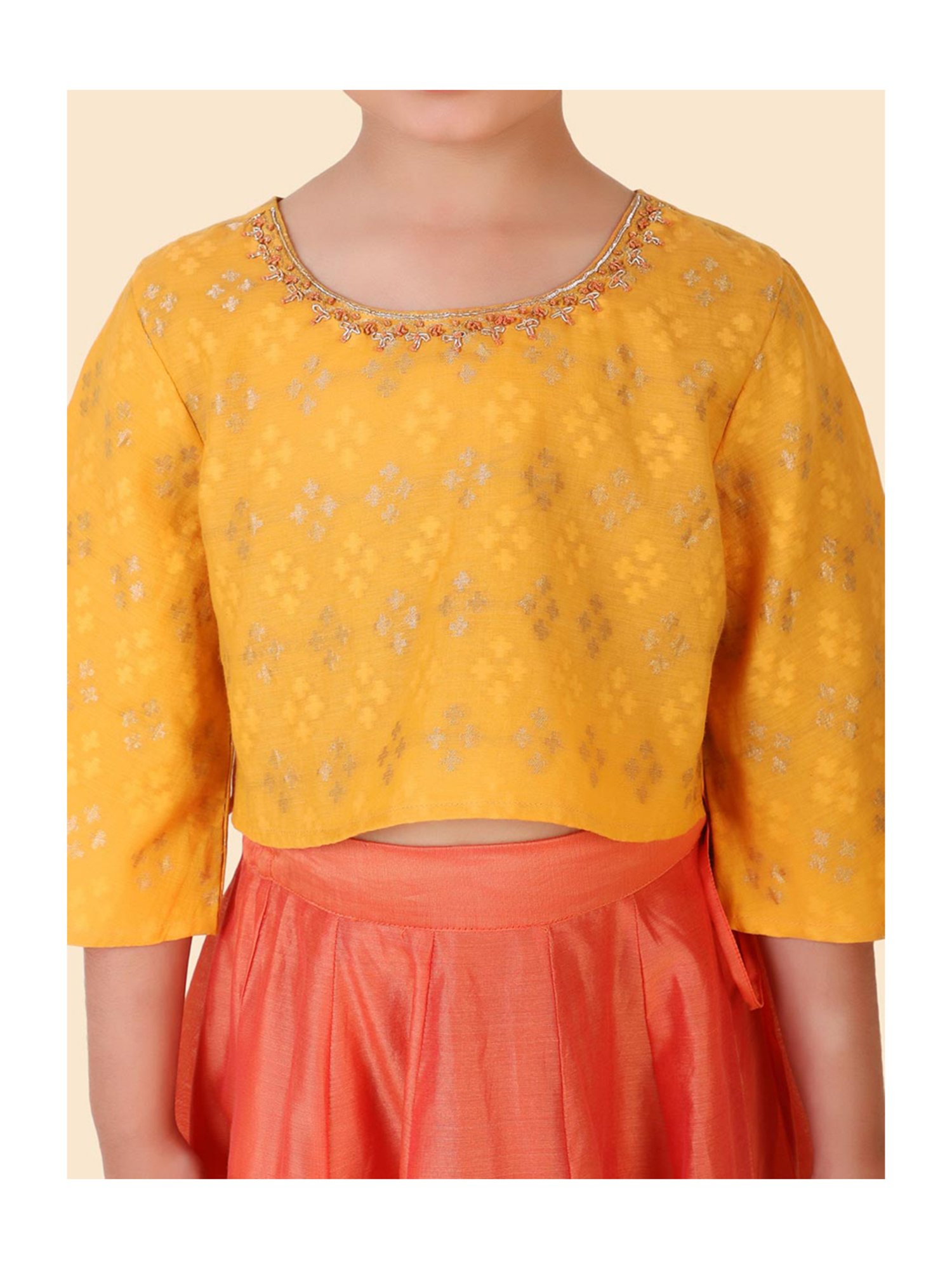 Fabindia Kids Orange Printed Lehenga, Choli with Dupatta