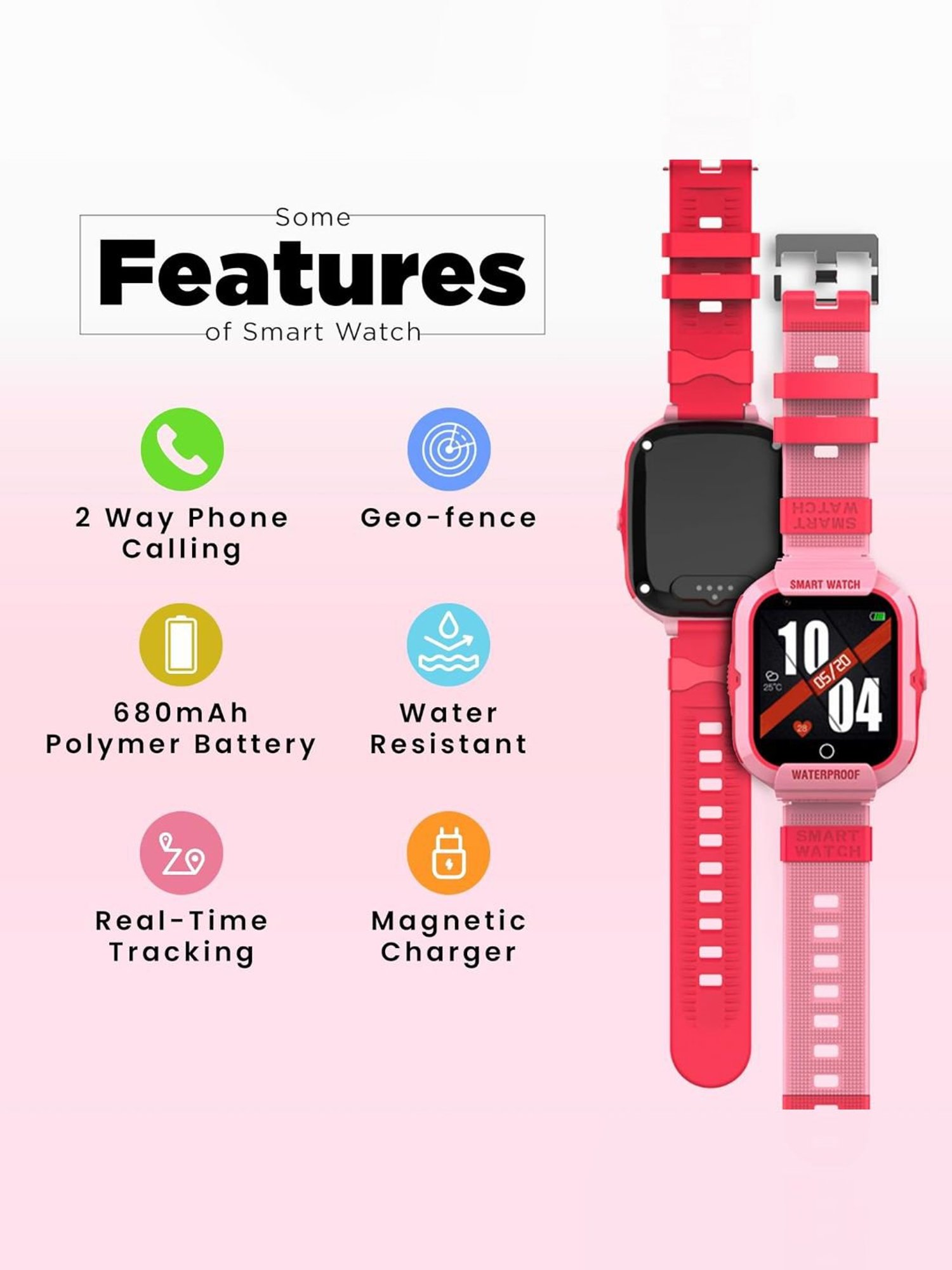 Turet Smartwatch for Kids with HD Display, Camera, SOS Button, Phone & Video Calling (Pink)