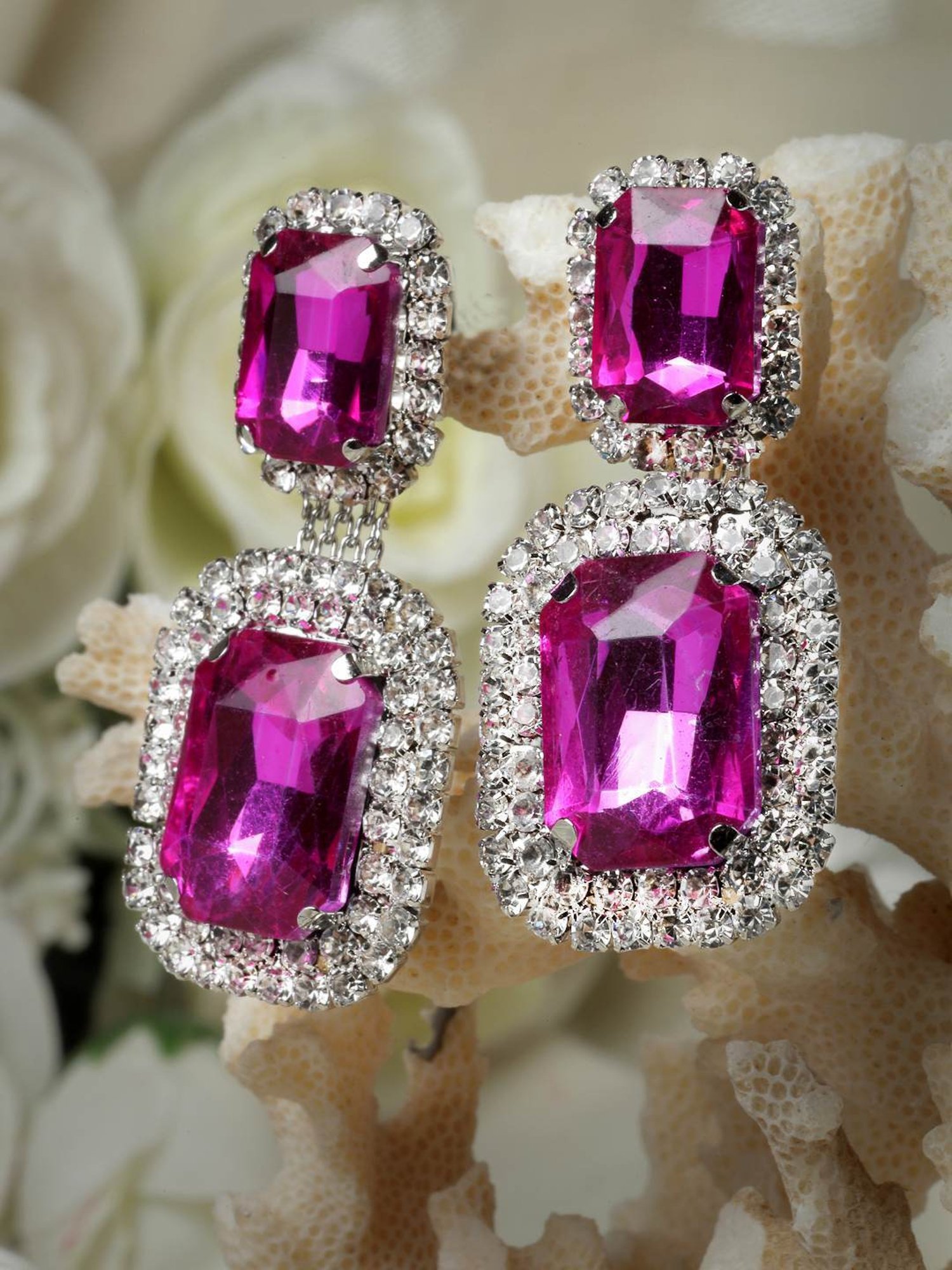 Moedbuille Crystals and Stone Partywear Silver Plated Handcrafted Earrings