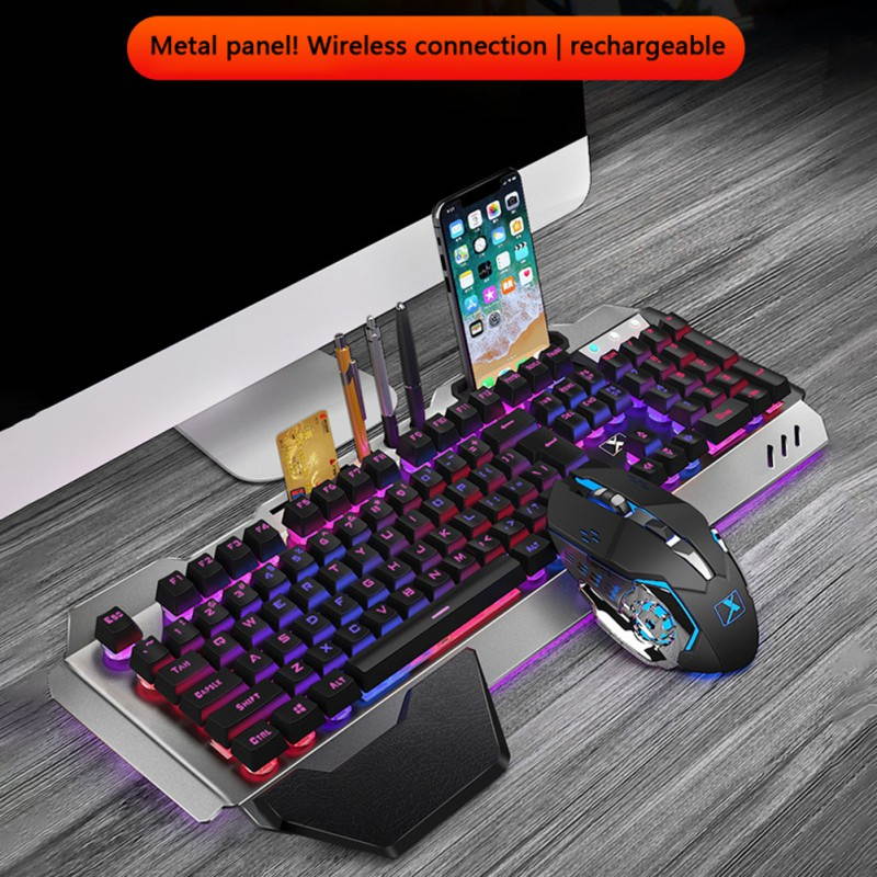Wireless Gaming Keyboard and Mouse Combo with Rainbow LED Backlit Rechargeable  Battery Metal Panel Mechanical Keyboard