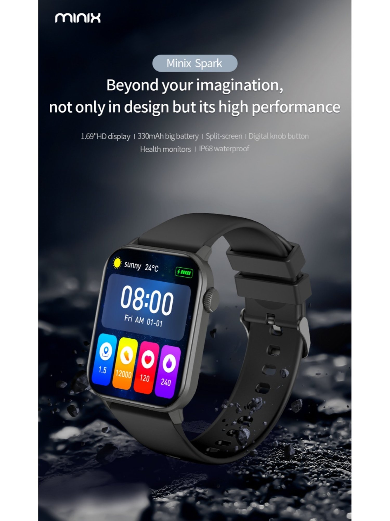 MINIX Spark BT Calling smartwatch with 1.69" HD Display, 330 mAh Battery, Extra Metal Strap, Black