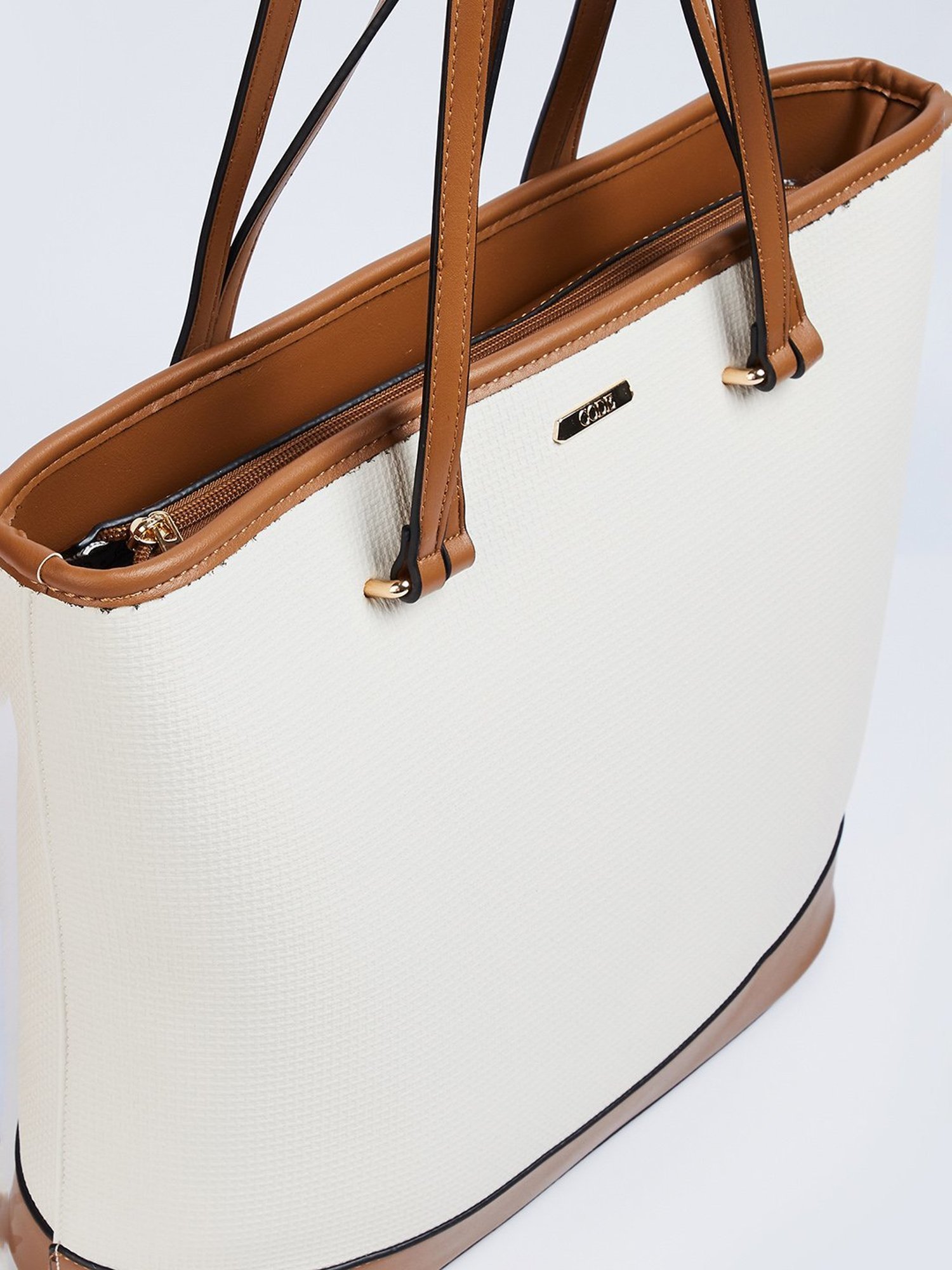 Code by Lifestyle White & Brown Textured Shoulder Handbag