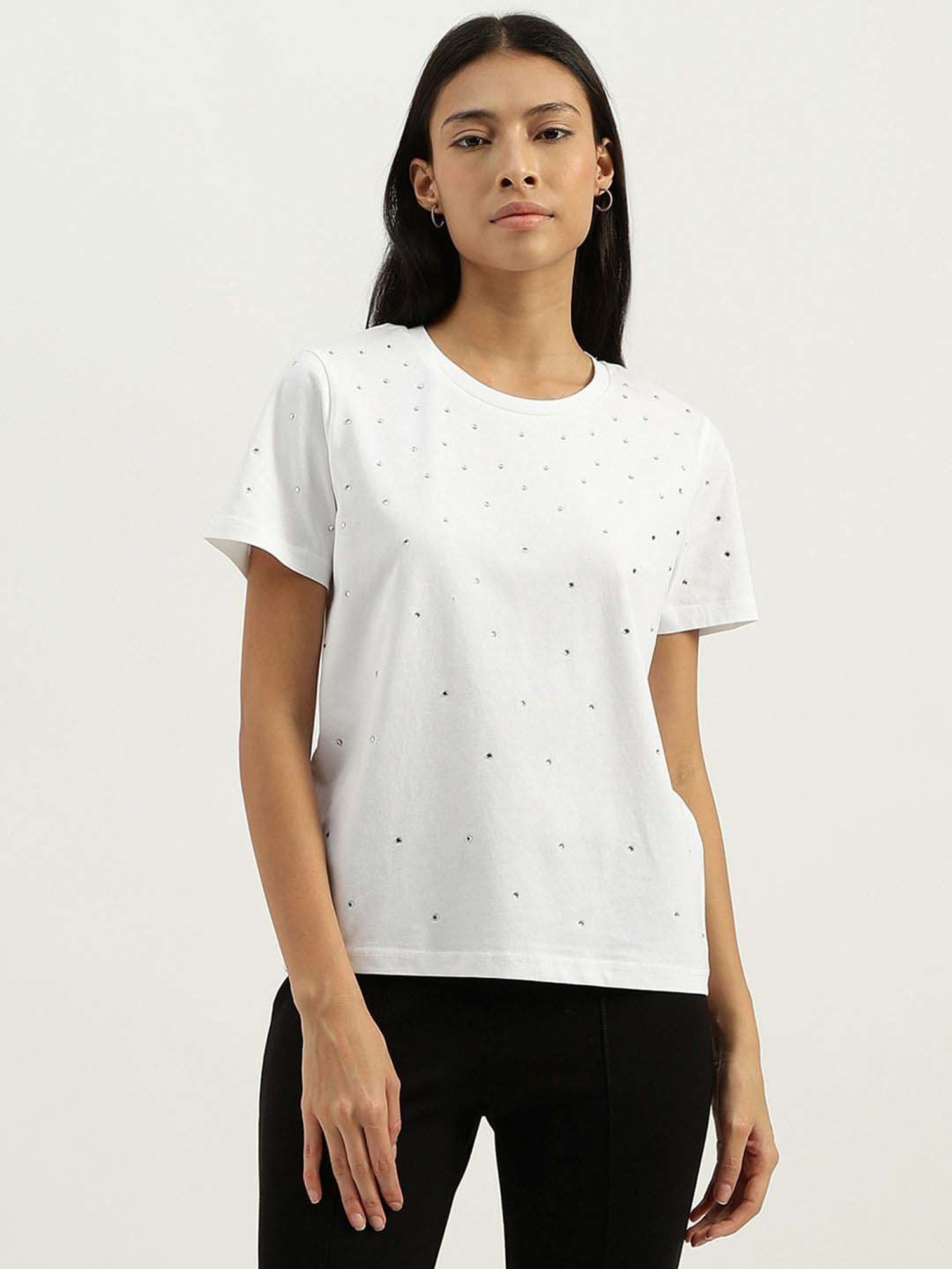 United Colors of Benetton White Cotton Embellished T-Shirt