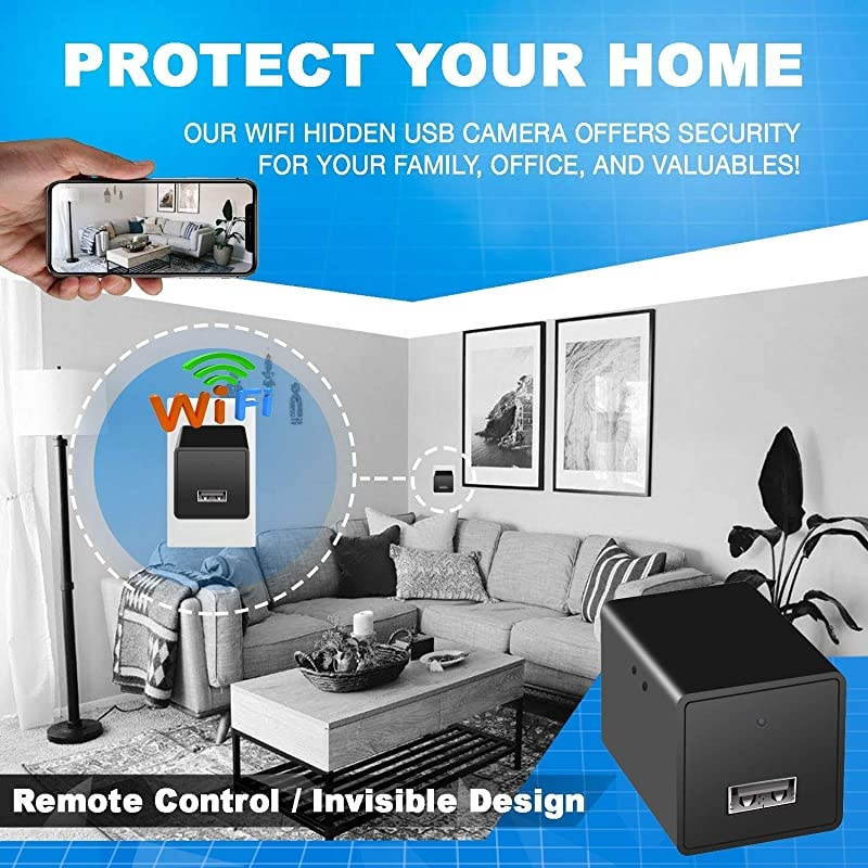 Spy Camera Wireless Hidden WiFi Camera with Remote Viewing 1080P HD Nanny Cam Security Camera USB Charger Camera Indoor Video Recorder Motion Activated Support iOSAndroid App
