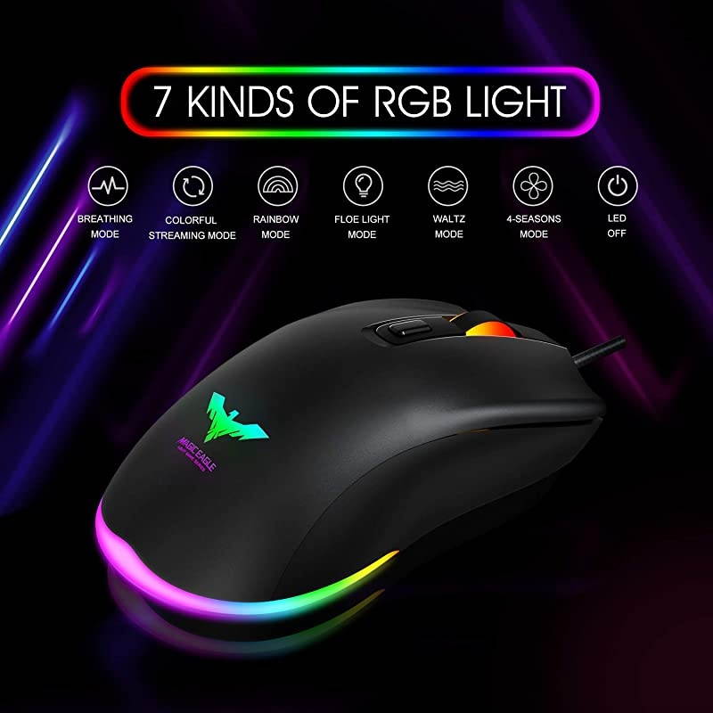 Wired Gaming Keyboard Mouse Combo LED Rainbow Backlit Gaming Keyboard RGB Gaming Mouse Ergonomic Wrist Rest 104 Keys Keyboard Mouse 4800 DPI for Windows & Mac PC Gamers (Black)