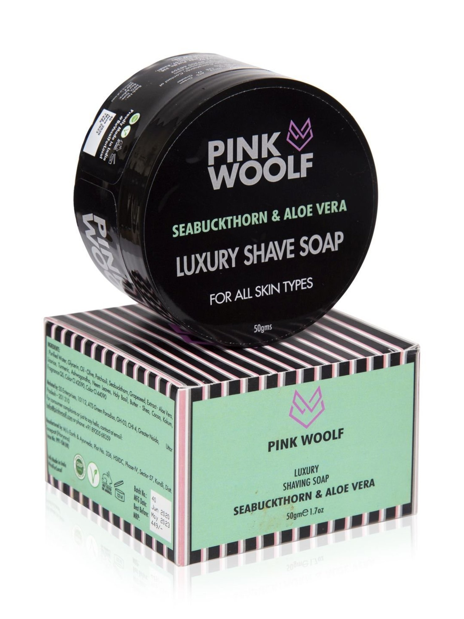 Pink Woolf Boar Hair Shaving Brush & Natural Shaving Soap Combo Seabuckthorn & Aloe Vera