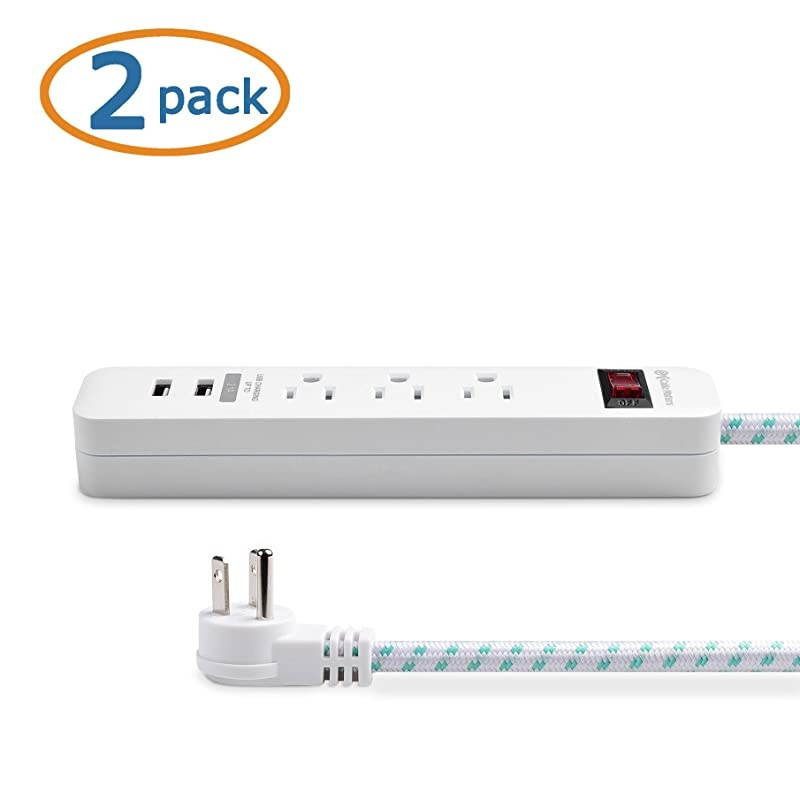 2-Pack 3 Outlet Surge Protector Power Strip with USB Charging Ports with Low Profile Plug and 12 Foot Power Cord in White