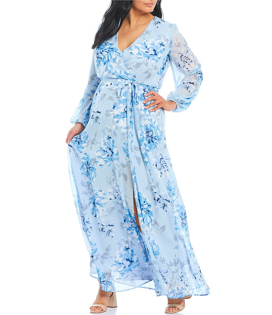 Marina Plus Size V-Neck Long Sleeve Floral Chiffon Maxi Wrap Dress
