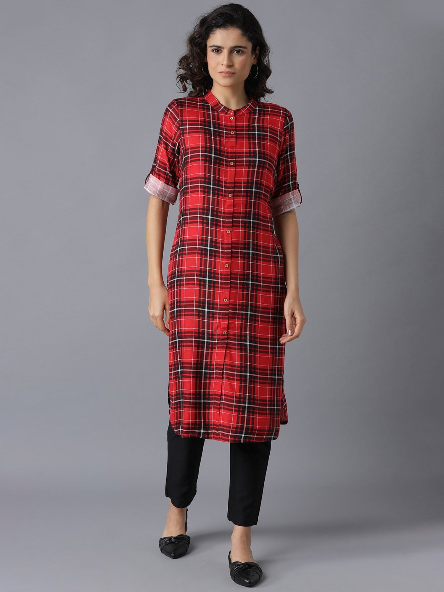 Aurelia Red Chequered Kurta Pant Set
