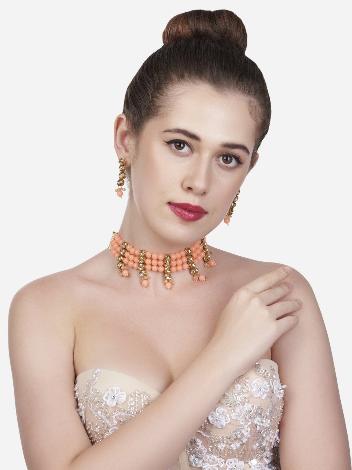 Zaveri Pearls Peach Multistrand Beaded Kundan Necklace & Earring Set