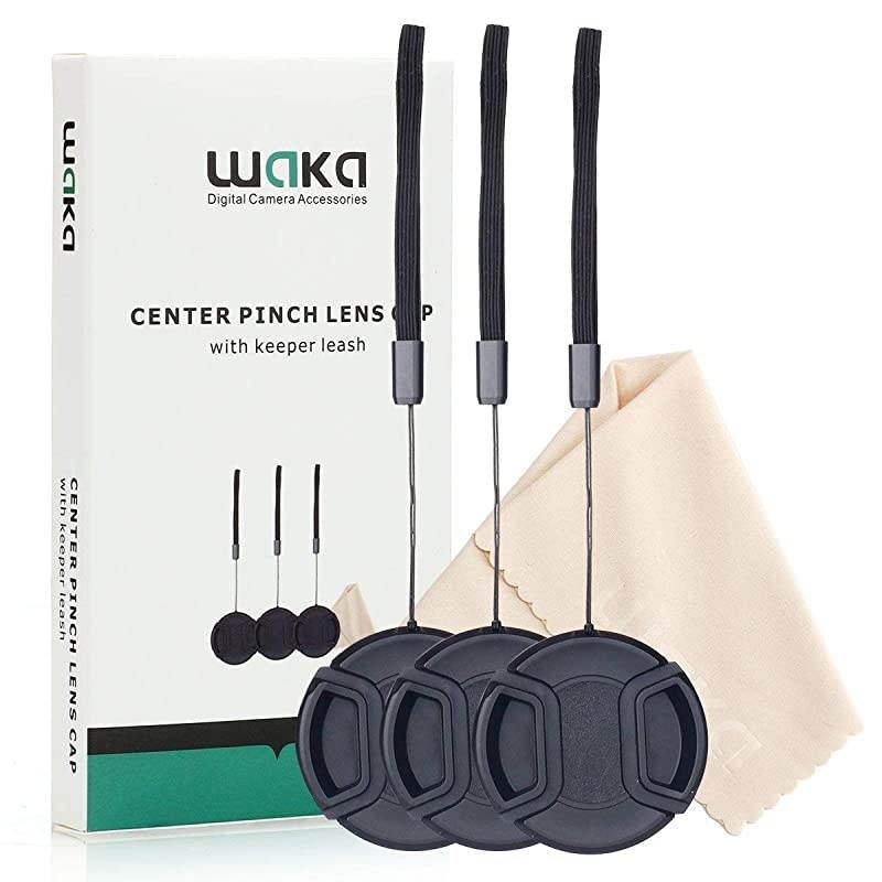 Unique Design Lens Cap Bundle 3 Pcs 77mm Center Pinch Lens Cap and Cap Keeper Leash for Canon Nikon Sony DSLR Camera + Microfiber Cleaning Cloth