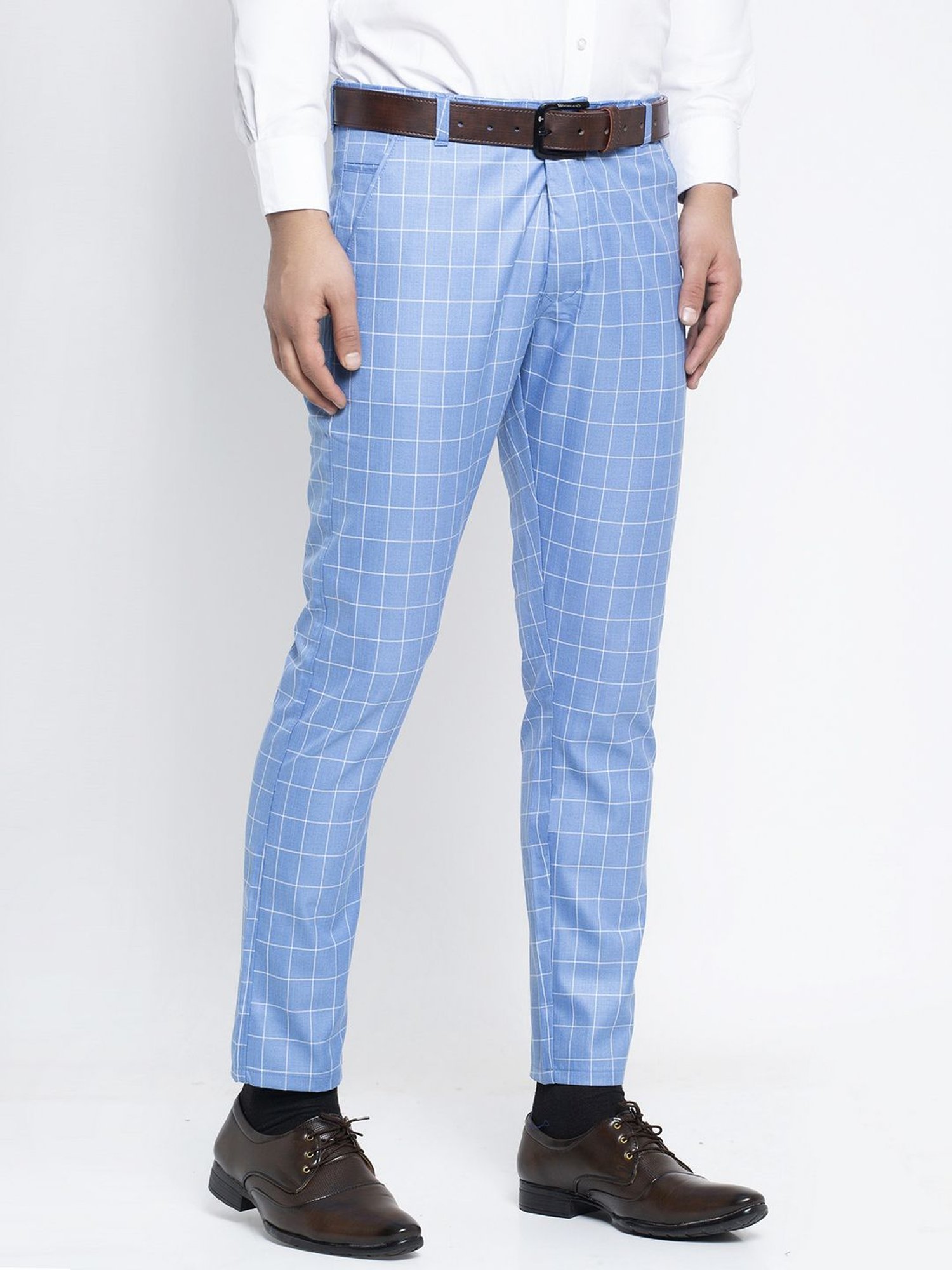 Jainish Blue Cotton Tapered Fit Checks Flat Front Trousers