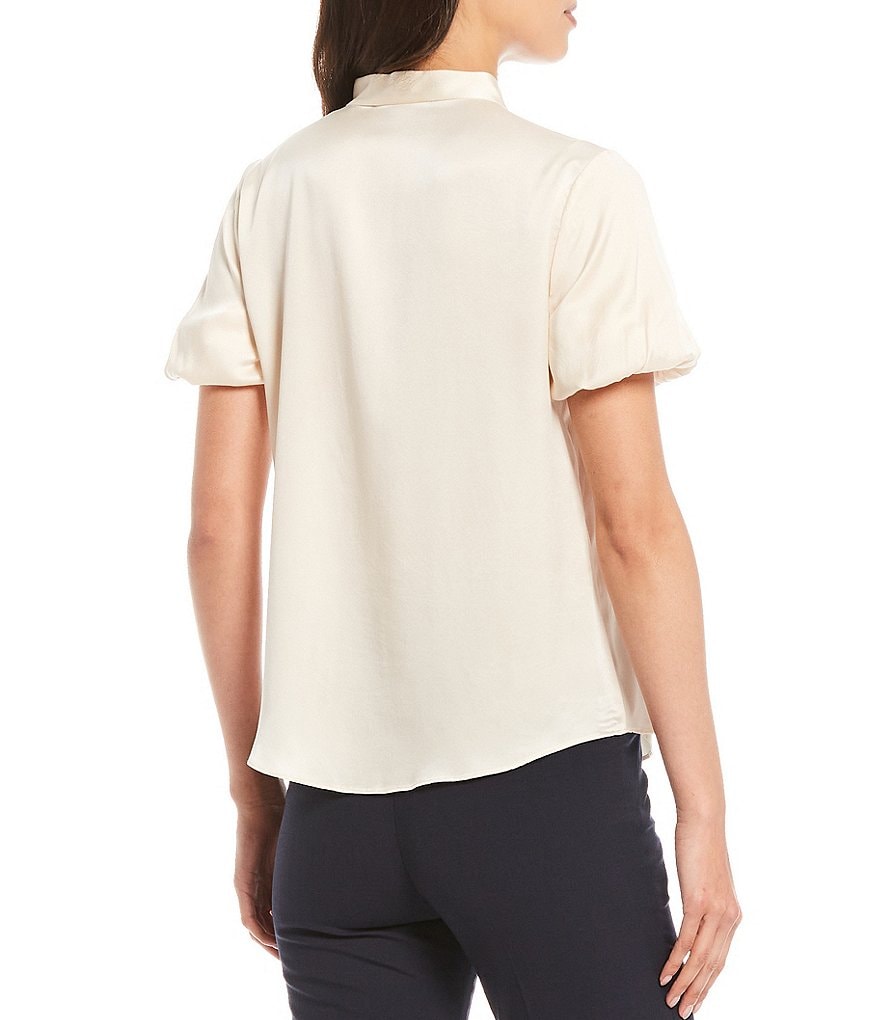 Antonio Melani Morgan Sandwashed Stretch Silk-Blend Short Puff Sleeve Mandarin Collar Neck Blouse