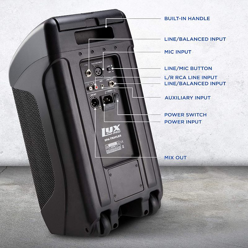 LyxPro Traveler Portable PA Speaker | 100W Rechargeable PA System w/ 8&rdquo; Woofer, Bluetooth, USB/SD Card Reader, LCD Screen & Inputs for Mic, XLR, RCA & Lines | Perfect for Karaoke, Presentations, Etc.