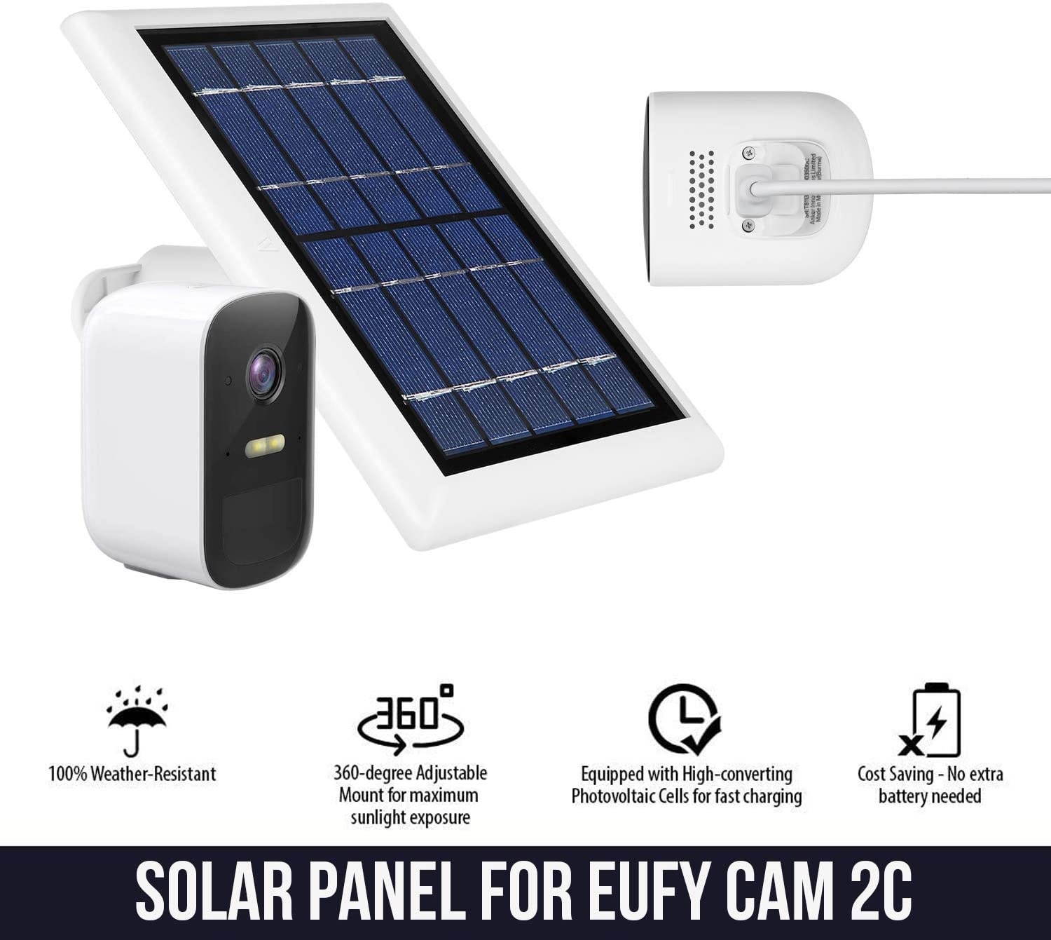 Wasserstein Solar Panel with 13ft Cable Compatible with Eufy Cam 2C and 2C Pro - Power Your Eufy Surveillance Camera Continuously (2 Pack, Black)
