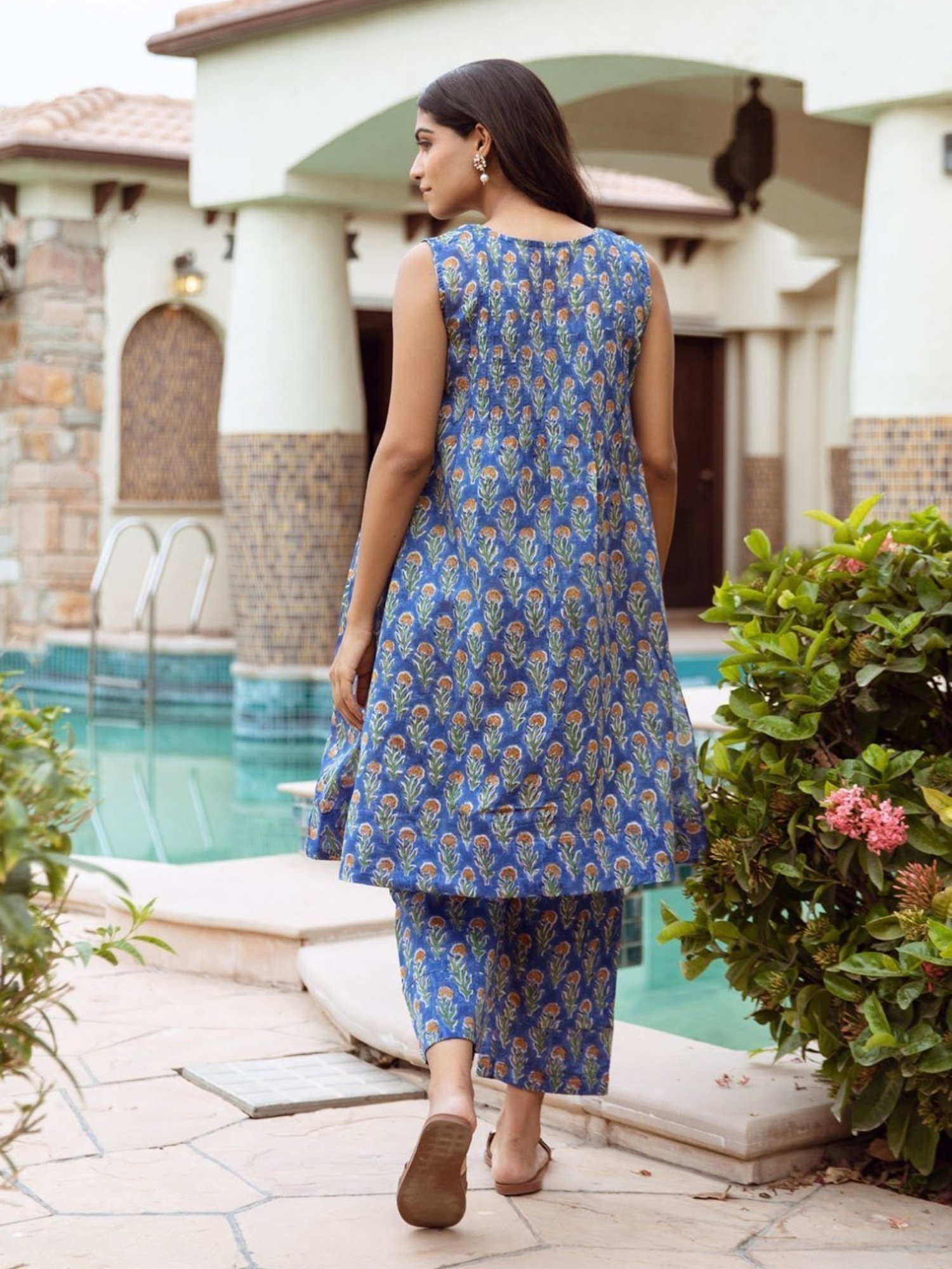 Asrumo Blue Handblock Chanderi A-Line Kurta Style Coord Set