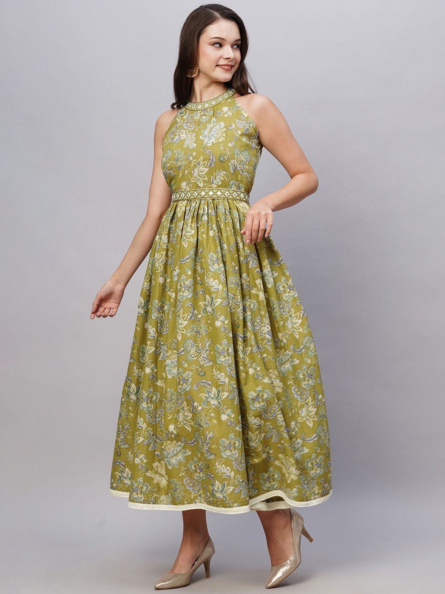 KIANA Green Cotton Printed Maxi Dress