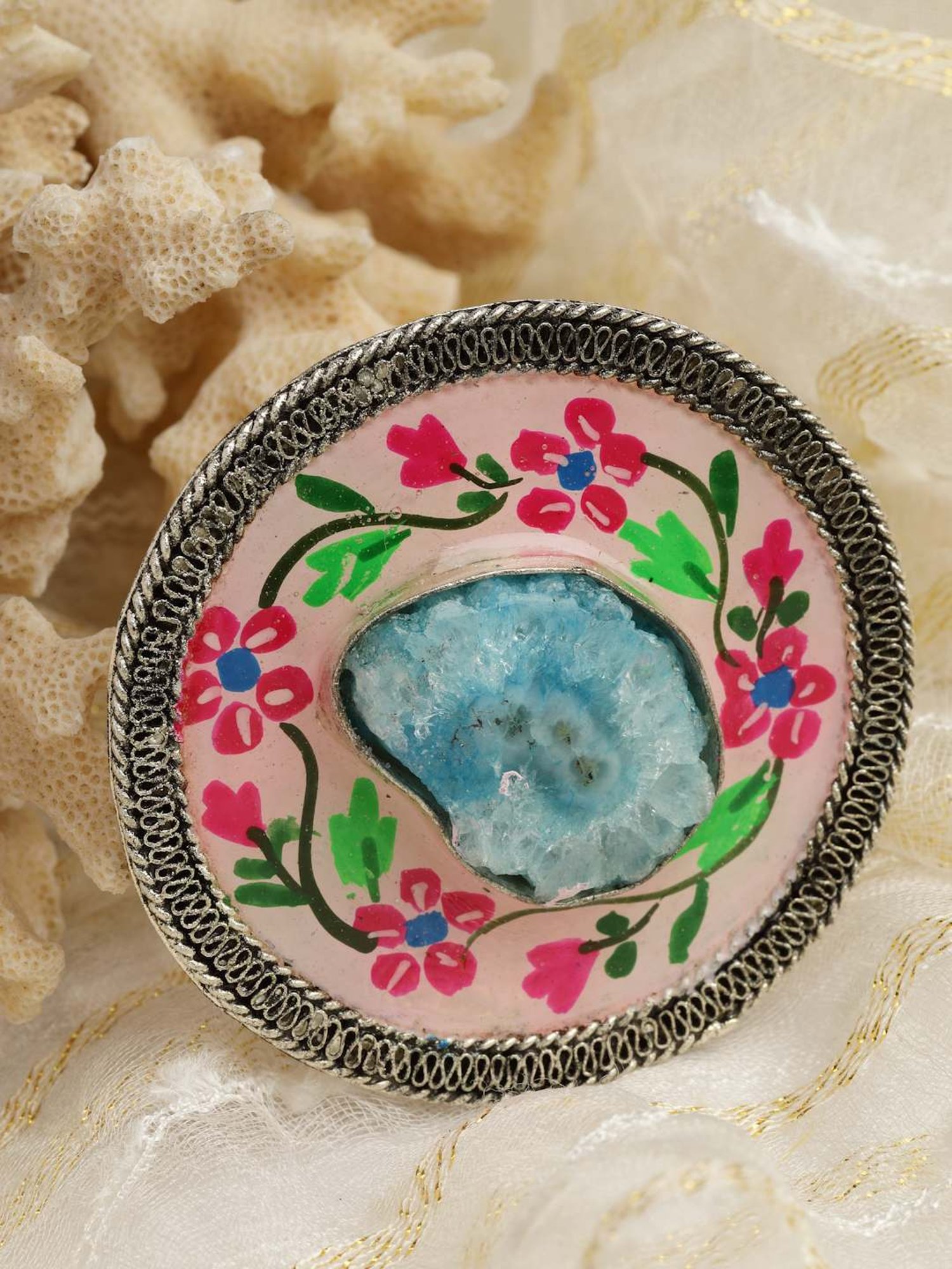 Moedbuille Agate Studded Handpainted Meenakari Floral Design Oxidised Silver Plated Finger Ring