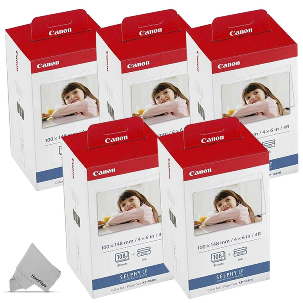 5 Pack Canon KP-108IN / KP108 Color Ink Paper includes 108 Ink Paper sheets + 6 Ink toners for Canon Selphy CP1300, CP1200, CP910, CP900, cp770, cp760 Compact Photo Printers