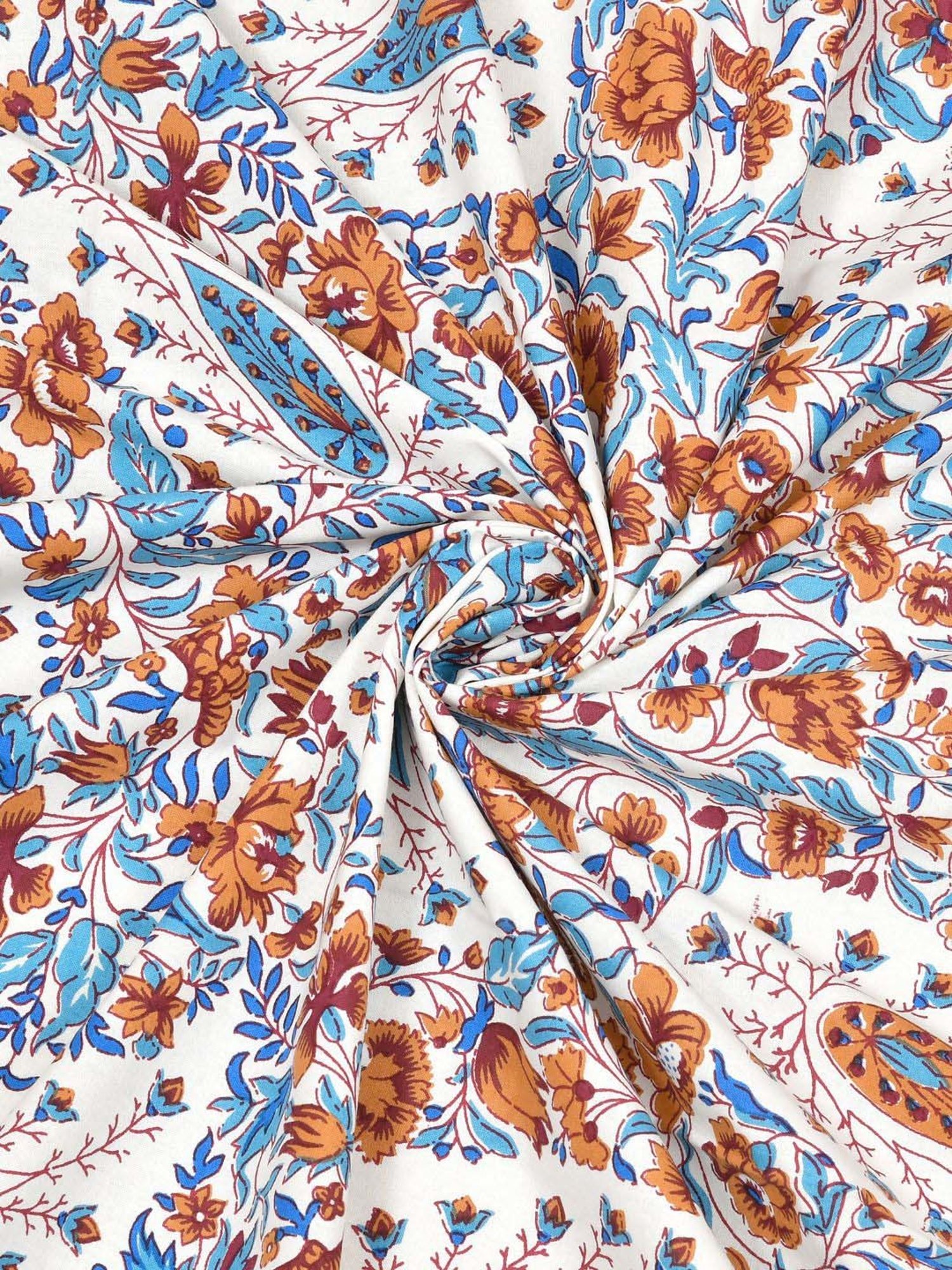 Aapno Rajasthan Bougainville Treasures Blue & Orange Cotton Double Bedsheet With 2 Pillow Cover