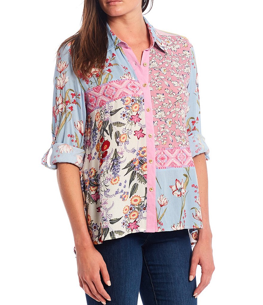 Calessa Petite Size Embroidered Detail Mixed Floral Print Button Down Hi-Low Tunic