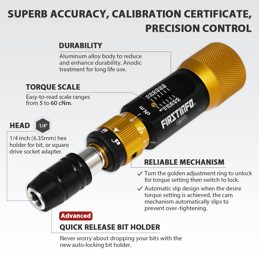 FIRSTINFO Ultra Precision Certified Torque Limiting Screwdriver, 1/4 Inch Universal Hex Quick Release Bit Holder, 5-60 cNm (0.05-0.6 Nm)